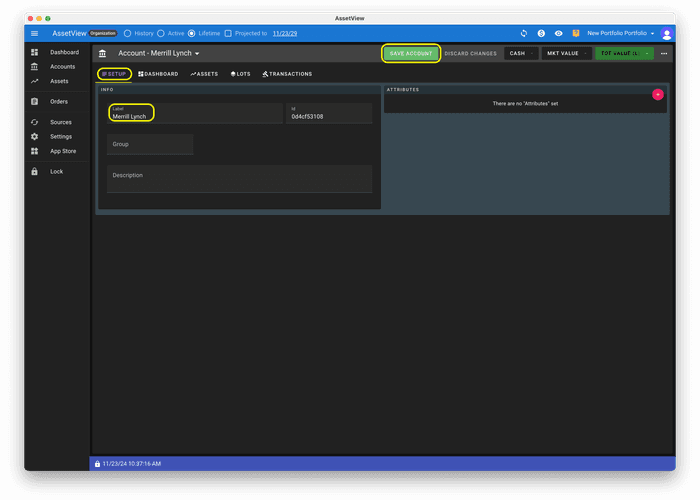 Setting up an account in AssetView